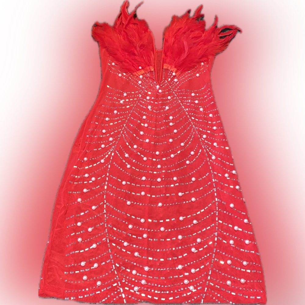 Sexy Rhinestone See Through Mini Dress Women Deep V Neck Featherpatchwork